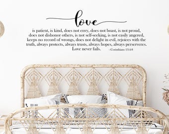 Love is patient, love is kind, Corinthians 13 4-8 // bible verse wall art vinyl decal, scripture decor,  above bed wall art decal