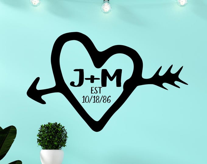Carved initials, custom bedroom decal, established sign, heart and initials, initial decals, monogram vinyl decal, wedding decal,