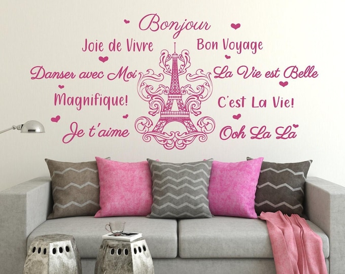 Eiffel tower wall decal, Bonjour wall decal, paris wall art, paris wall decor, eiffel tower decal, french sayings, paris room decor,
