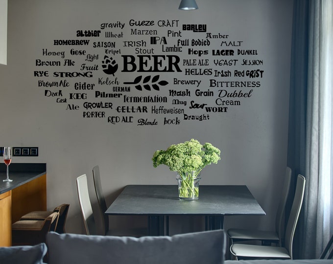 Beer wall decal, beer wall art, bar wall art, types of beer decal