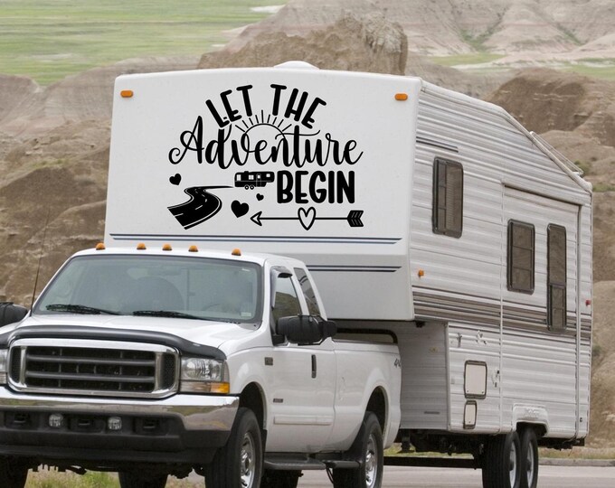 Let the adventure begin - personalized rv camper decal for fifth wheel, class a, class c, trailer etc- custom rv decal - last name rv decal