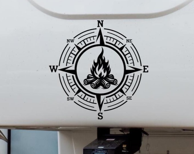 RV compass with camp fire, camper decal for RV door, tire cover decal, rv decor, travel rv decal, camper wall decal