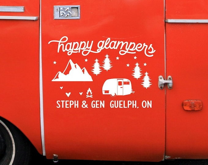 Personalized rv decal, custom rv decal, happy glampers, happy campers, camper decor, rv decor with names, city and state.