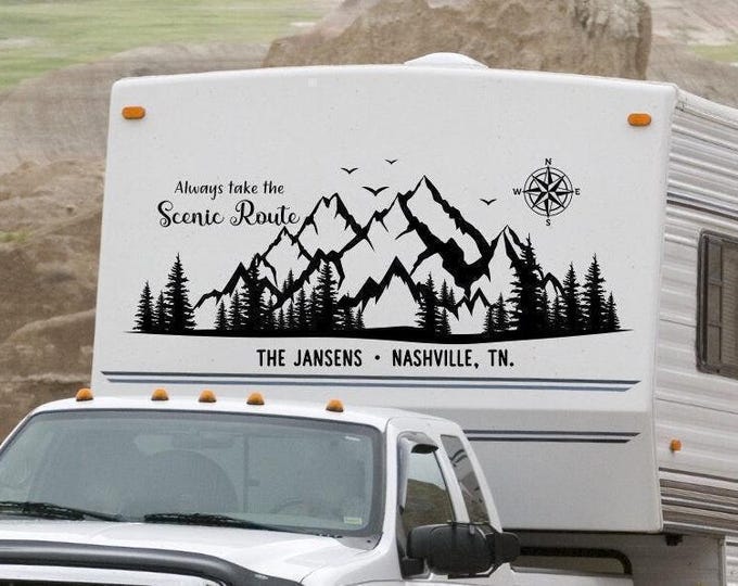 Mountain RV Decal - Personalized Camper Decor | Compass Graphic | Always Take The Scenic Route, Vinyl Sticker For Travel