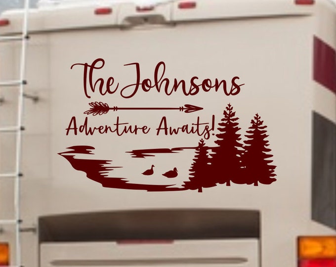 Lake rv decal, last name rv decal, adventure awaits, rv camper decal, rv vinyl decal, lake with ducks decal, forest rv decal, lake life