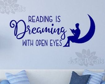 Reading wall art vinyl decal for classroom or library // Reading is dreaming with eyes open