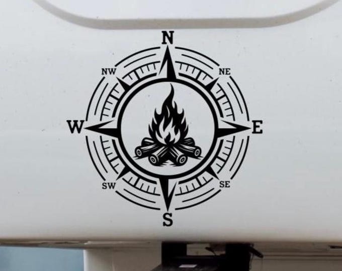 RV compass with camp fire, camper decal for RV door, tire cover decal, rv decor, travel rv decal, camper wall decal