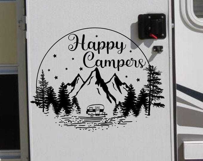 Happy Campers RV Decal, Personalized Mountain And Tree Sticker | Round Vinyl Camping Accessory For Spare Tire Door