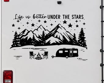 RV Personalized Camper Decal for RV- Life is better under the stars - Mountain scene