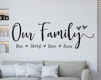 Family Wall Decal, Personalized Names Design With Accent Hearts (Many Colors, Multiple Sizes, Gallery decor)