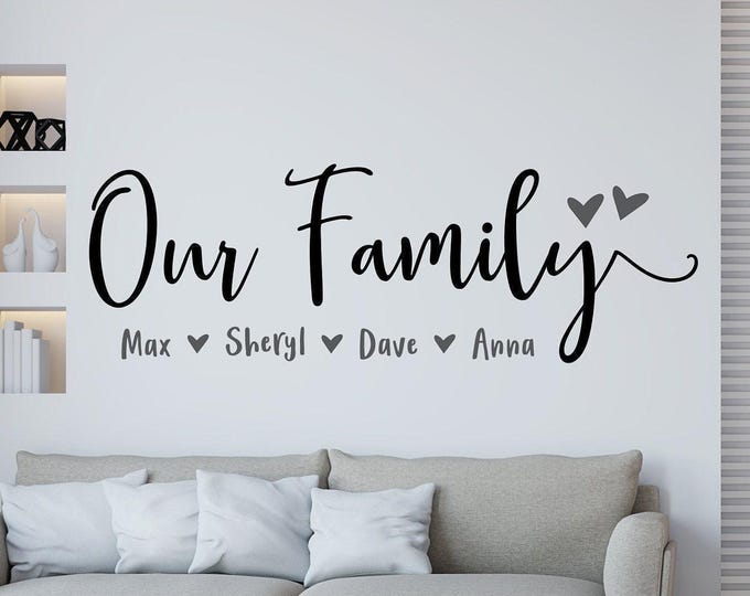 Family Wall Decal, Personalized Names Design With Accent Hearts (Many Colors, Multiple Sizes, Gallery decor)