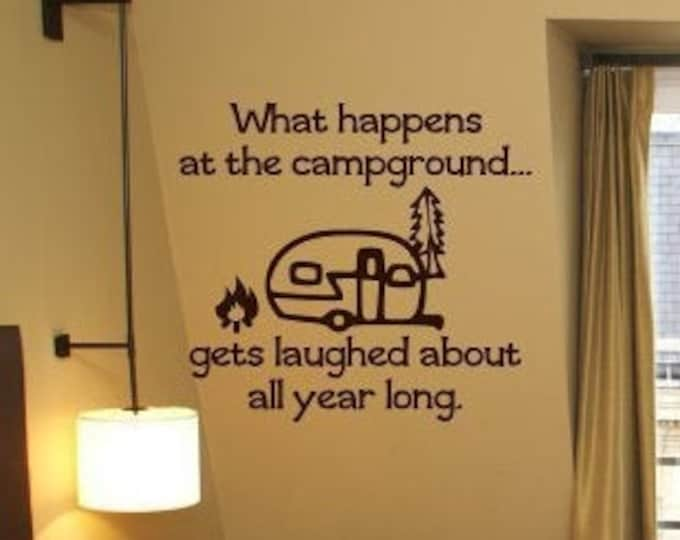 What happens camping vinyl decal with vintage camper// what happens at the campground