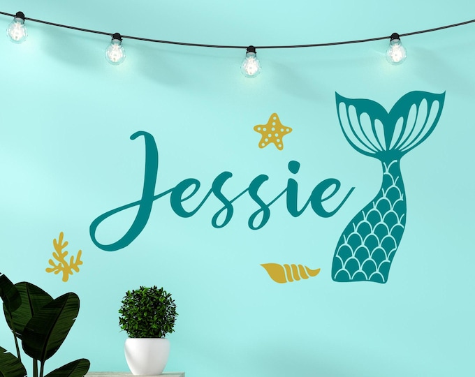 Mermaid girls room, mermaid wall decal, girls name decal, girls wall decor, mermaid wall decor, girls room decal, girls room decor