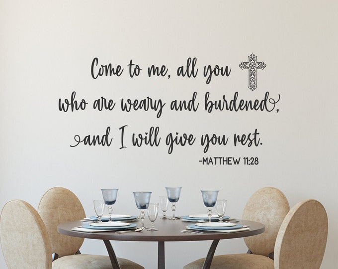 Christian wall art cross bible verse  vinyl decal // matthew 11:28 wall decor // Come to me all you who are weary, I will give you rest