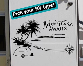 Adventure Awaits rv camper decal, fifth wheel decal, vinyl rv decal, motor home decal, beach rv decor, ocean palm tree