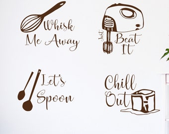 Kitchen wall decals, Kitchen utensil art, lets spoon decal, just beat it decal, kitchen decals, whisk me away