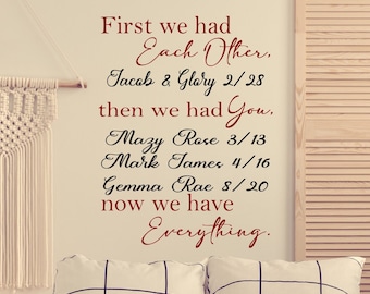 Custom wall decal for photo wall - First we had each other, then we had you, now we have everything, personalized name wall decor