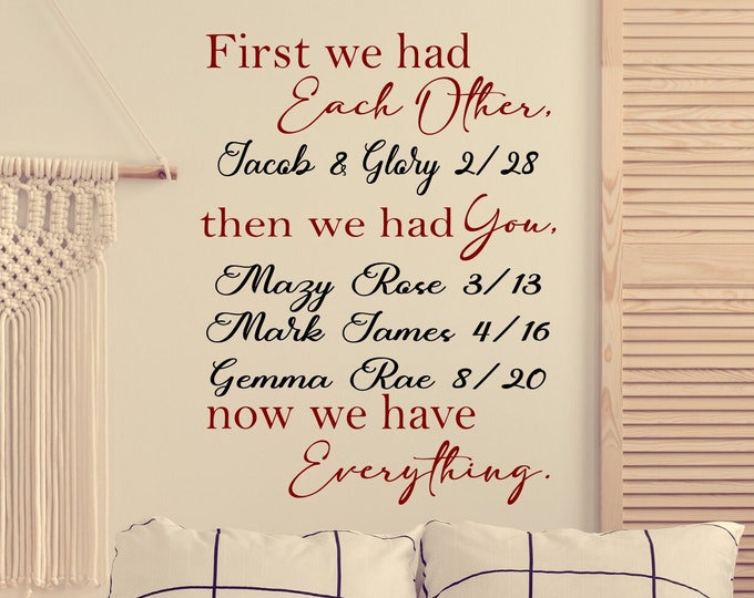 Custom wall decal for photo wall - First we had each other, then we had you, now we have everything, personalized name wall decor