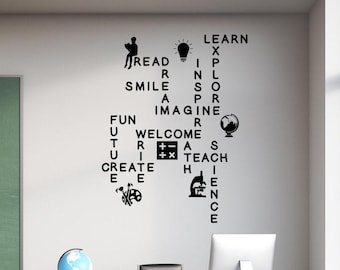 Classroom word wall decal, School wall art decal, teacher wall decal, science wall art, reading wall art, math wall art, crossword wall art