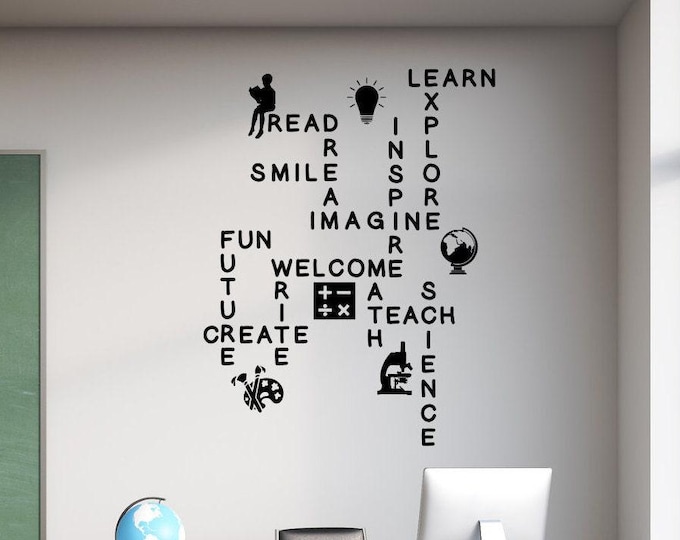 Classroom word wall decal, School wall art decal, teacher wall decal, science wall art, reading wall art, math wall art, crossword wall art