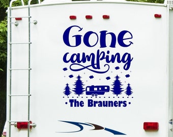 Gone camping custom rv camper decal, camper art, rv vinyl decal, camper decor, last name decal, motorhome decal,
