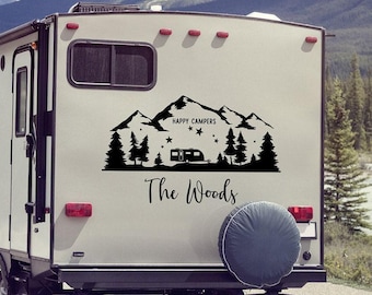 Personalized RV Decal Gift for RV Owners, Happy Campers Mountain Graphic, Custom Last Name Vinyl for Motorhome or Camper Trailer