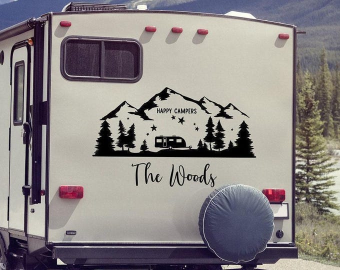 Personalized RV Decal Gift for RV Owners, Happy Campers Mountain Graphic, Custom Last Name Vinyl for Motorhome or Camper Trailer