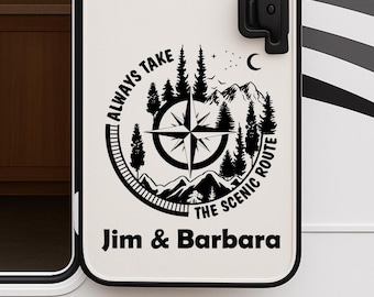 Scenic Route RV Door Decal: Compass, Trees, Mountain - Personalized