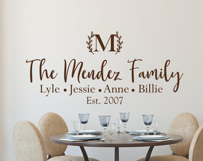 Monogram last name wall decal with laurel wreath, established date, personalized name decal, custom last name, last name sign, family sign