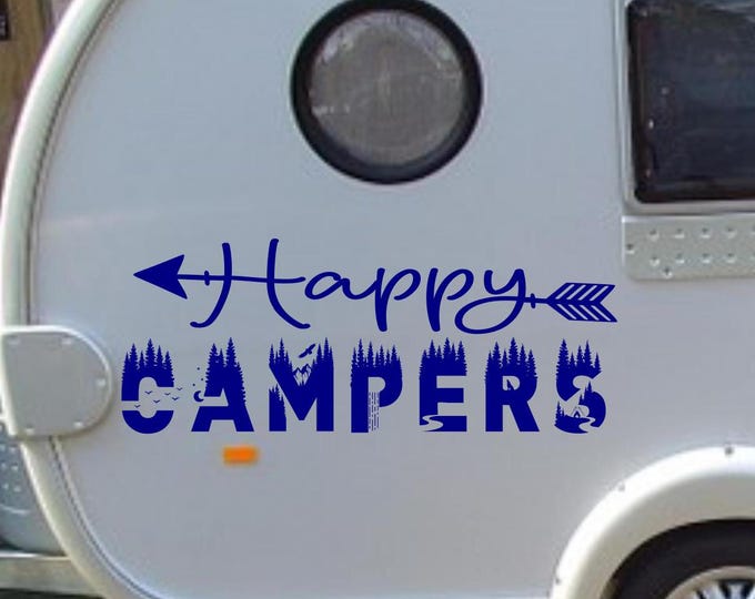 Happy Campers rv door decal for camper, with compass, trees and mountain. Camping rv decor accessories