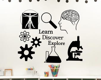 Science wall decal // Learn. Discover. Explore. // Science Classroom decal, science wall art, science decal