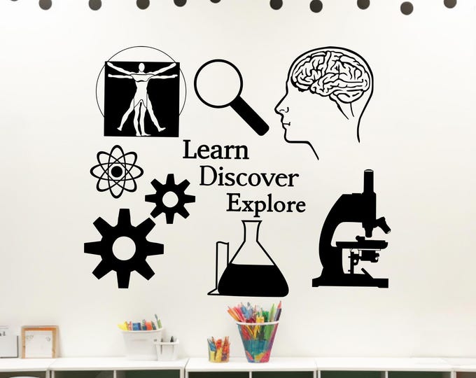 Science wall decal // Learn. Discover. Explore. // Science Classroom decal, science wall art, science decal