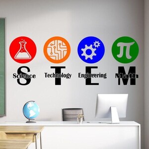 Puede incluir: Un adhesivo de pared con el acrónimo STEM en letras negras grandes, donde cada letra está coronada por un círculo de color que contiene un icono blanco: un matraz rojo para Science, un circuito naranja para Technology, un engranaje azul para Engineering y un símbolo pi verde para Math.