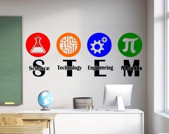 May include: A wall decal featuring the acronym STEM in large black letters, with each letter topped by a colored circle containing a white icon: a red flask for Science, an orange circuit for Technology, a blue gear for Engineering, and a green pi symbol for Math.