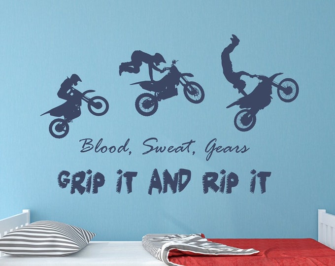 Motocross wall art vinyl decal, motorcycle motocross gift, motocross decal- "Blood sweat gears, grip it and rip it"