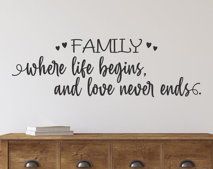 Family wall art vinyl decal - Where life begins and love never ends // living room, family room, gallery wall, photo wall