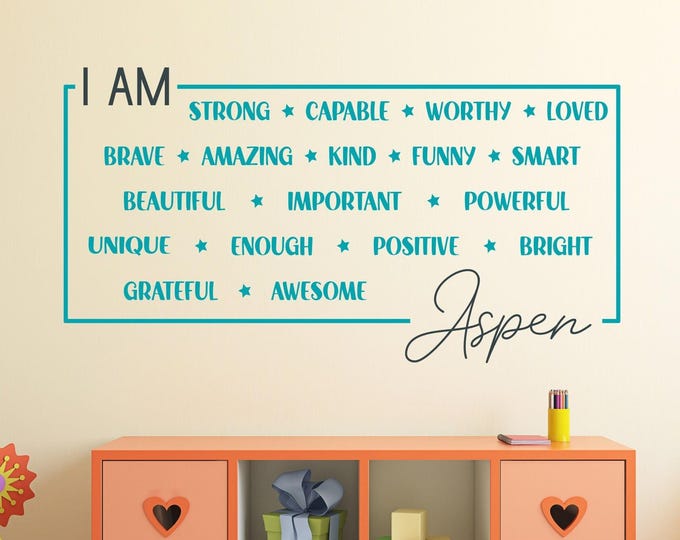 Positive affirmation wall art, i am enough, custom name decal, name wall decal, boys name decal, girls name decal, I AM affirmations