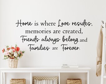 Home wall decal, home is where love resides, memories are created, friends always belong and families are forever. Family wall decal,