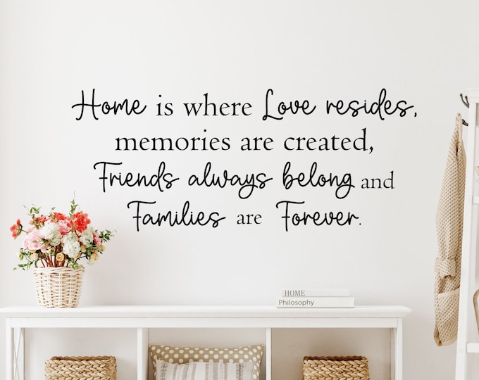 Home wall decal, home is where love resides, memories are created, friends always belong and families are forever. Family wall decal,