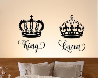 King and Queen, Romantic Crown Wall Decals | Adhesive Vinyl | Multiple Sizes, Bedroom Headboard