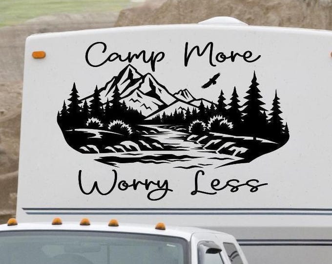 Camp More Worry Less RV Decal, Mountain Camper Decor | Vinyl Adhesive Graphics - Nature Motorhome Accessories