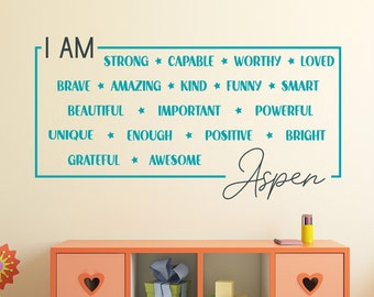 Positive affirmation wall art, i am enough, custom name decal, name wall decal, boys name decal, girls name decal, I AM affirmations