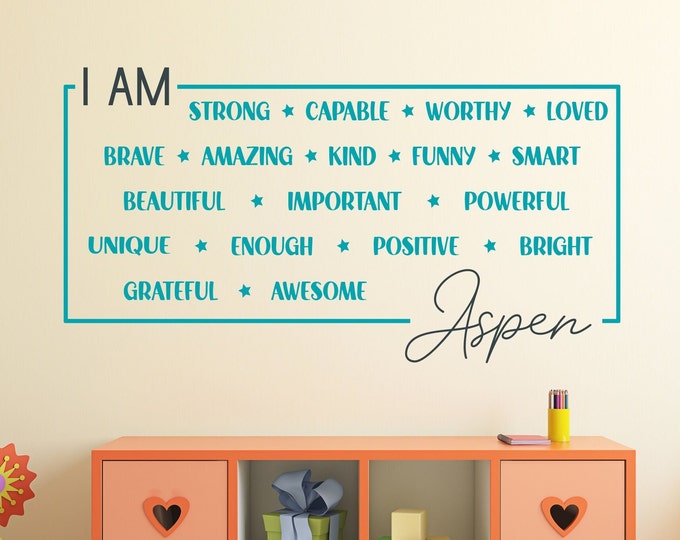 Positive affirmation wall art, i am enough, custom name decal, name wall decal, boys name decal, girls name decal, I AM affirmations