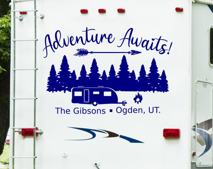 Adventure awaits, personalized rv decal, last name decal, Custom rv decal, camper decal, motorhome decal, happy campers