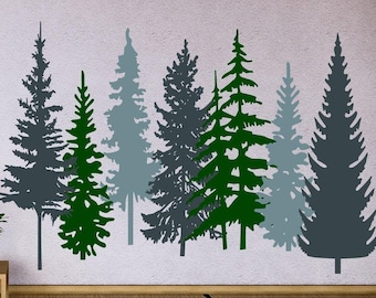 Pine Tree Decal, Woodland Forest Wall Art | Vinyl home decor | Set Of 7, Multiple Sizes, Nursery Entryway Dining Room