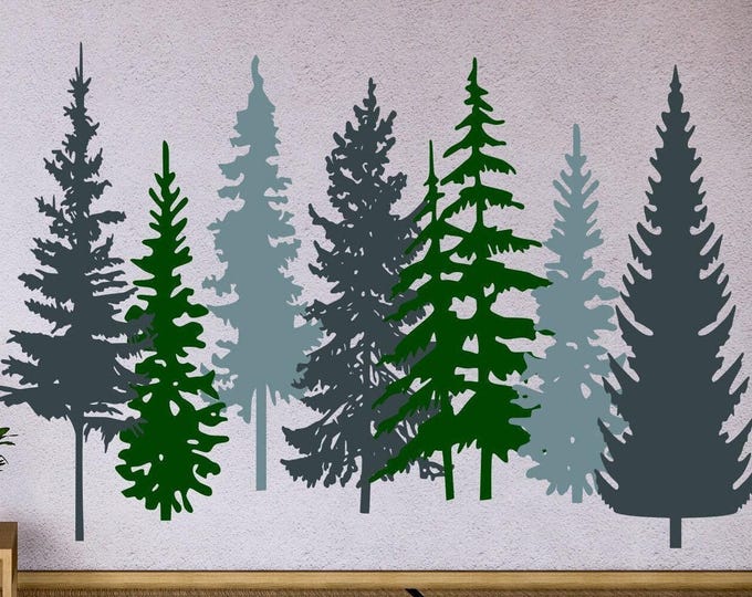 Pine Tree Decal, Woodland Forest Wall Art | Vinyl home decor | Set Of 7, Multiple Sizes, Nursery Entryway Dining Room