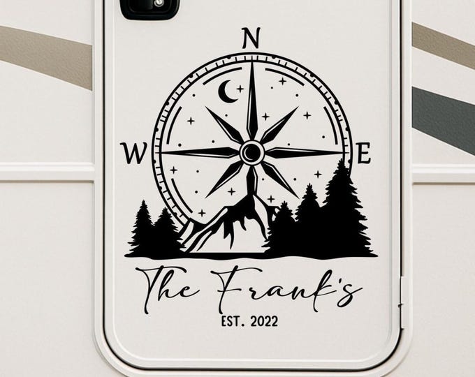 Mountain RV Decal, Personalized Compass Graphic - Custom Last Name Camper Decor | Outdoor Vinyl Travel Trailer Art