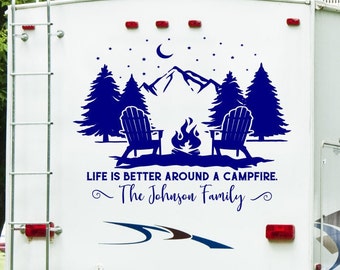 Life is better around a campfire - personalized rv camper decal - custom rv decal - last name rv decal