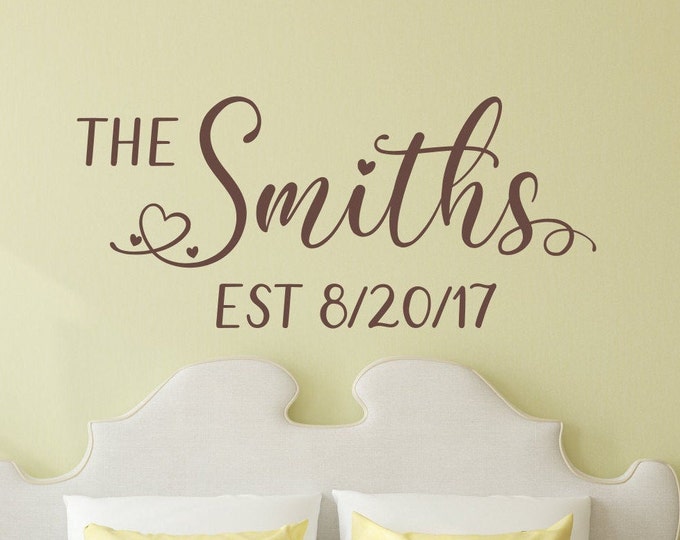 Last name wall decal, Established decal,  romantic bedroom decor, custom decal, personalized decal, anniversary gift, newlywed gift