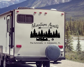 Custom RV Decal, Personalized Camper Last Name - Adventure Awaits Vinyl - Motor Home Decor, Tree Graphic Sign